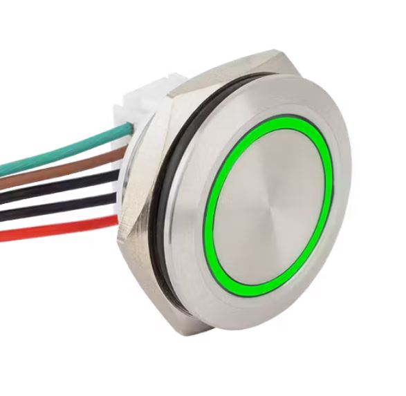 Piros-z�ld ledes nyom�gomb NO-NC, 19mm, lapos fel�let�, FLM19-FJ-5-E-rdgn